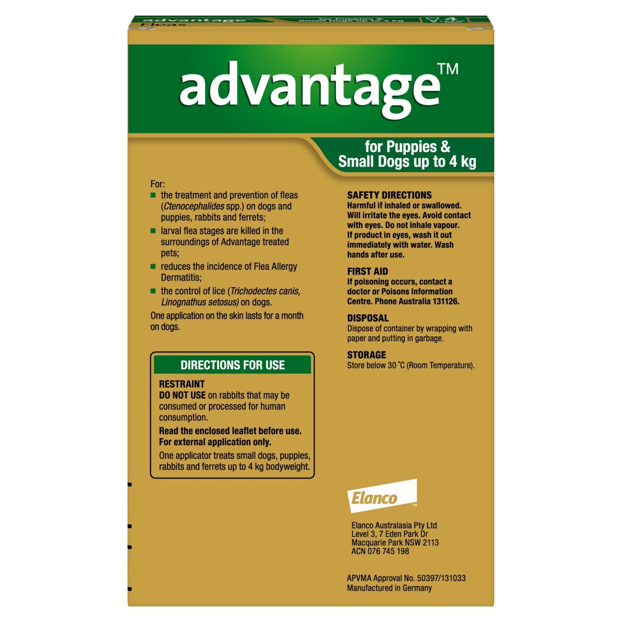 Advantage Spot-On Flea Control for Dogs under 4kg - 4 Pack