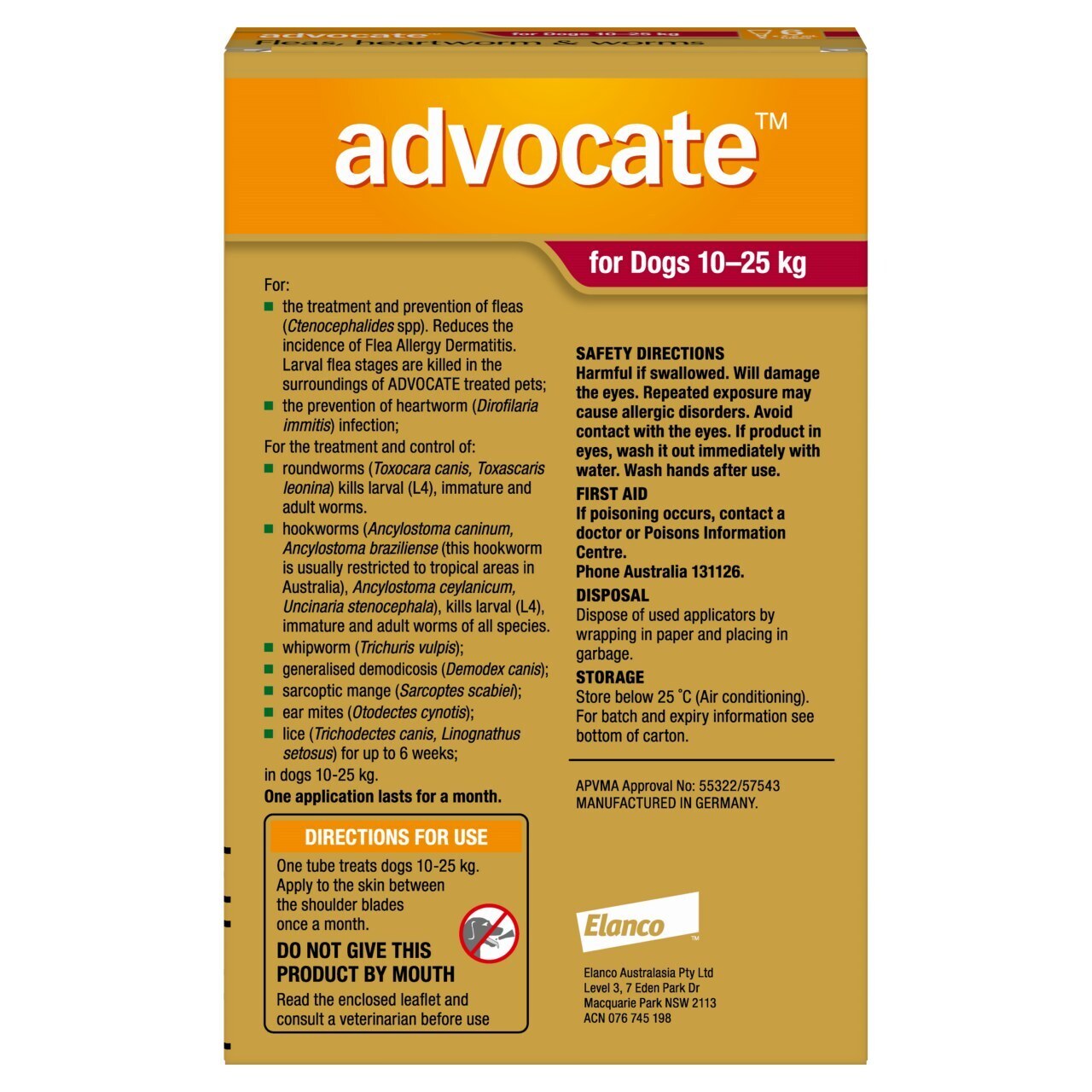 Advocate - Fleas, Heartworm & Worms - Dogs 10kg to 25kg 6 pack