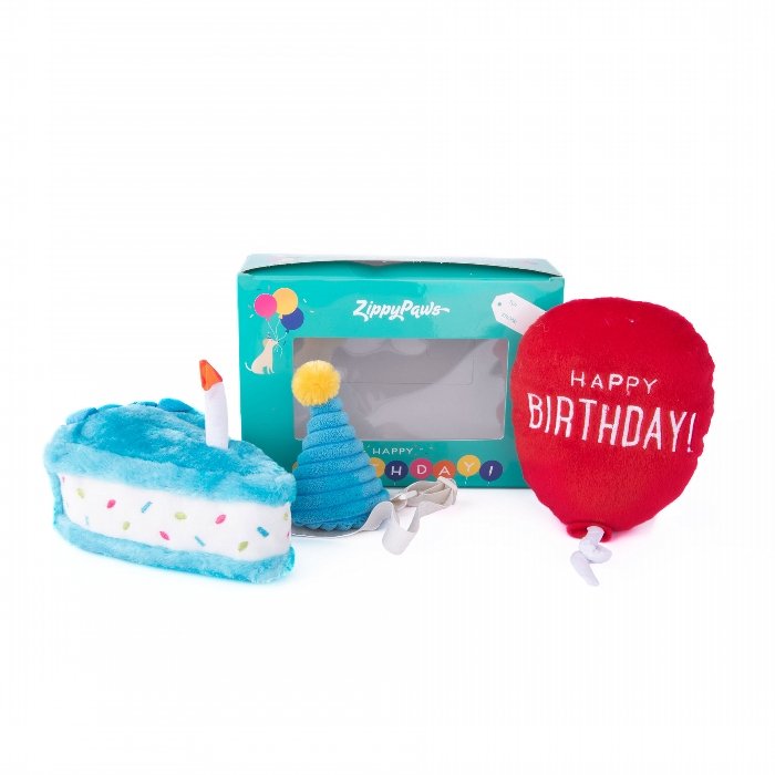 Zippy Paws Birthday Box with Cake, Balloon & Party Hat - blue