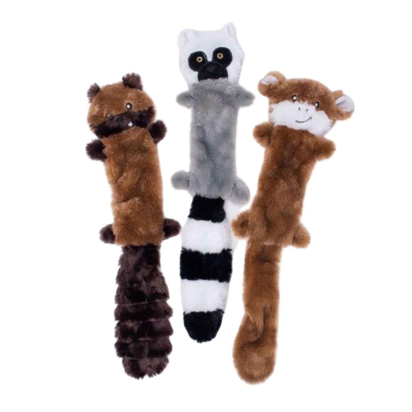 Zippy Paws Skinny Peltz No Stuffing Squeaker Dog Toy- Chipmunk, Lemur & Monkey 3-Pack