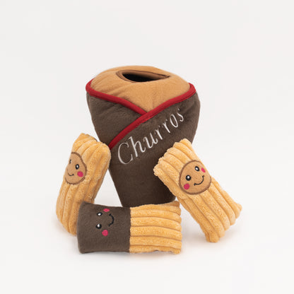 Zippy Paws Burrow Interactive Dog Toy - Churros with 3 Squeaker Toys