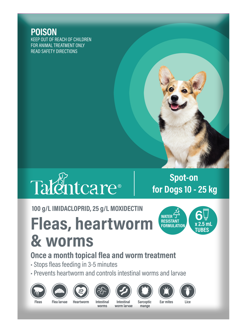 Talentcare - Spot On - Flea & Worm Treatment - Dog - 10-25kg - 6's