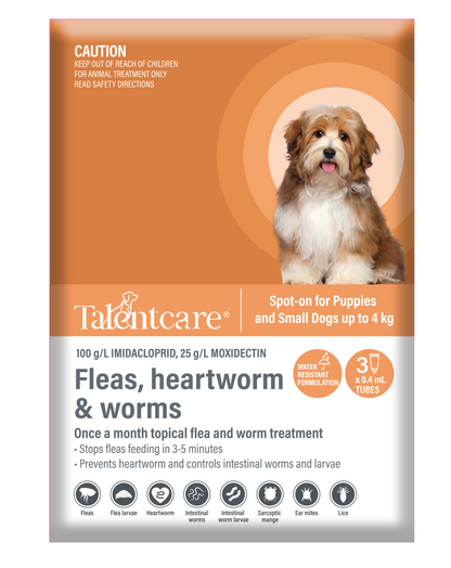 Talentcare - Spot On - Flea & Worm Treatment - Puppy/Small Dog - up to 4kg - 3's