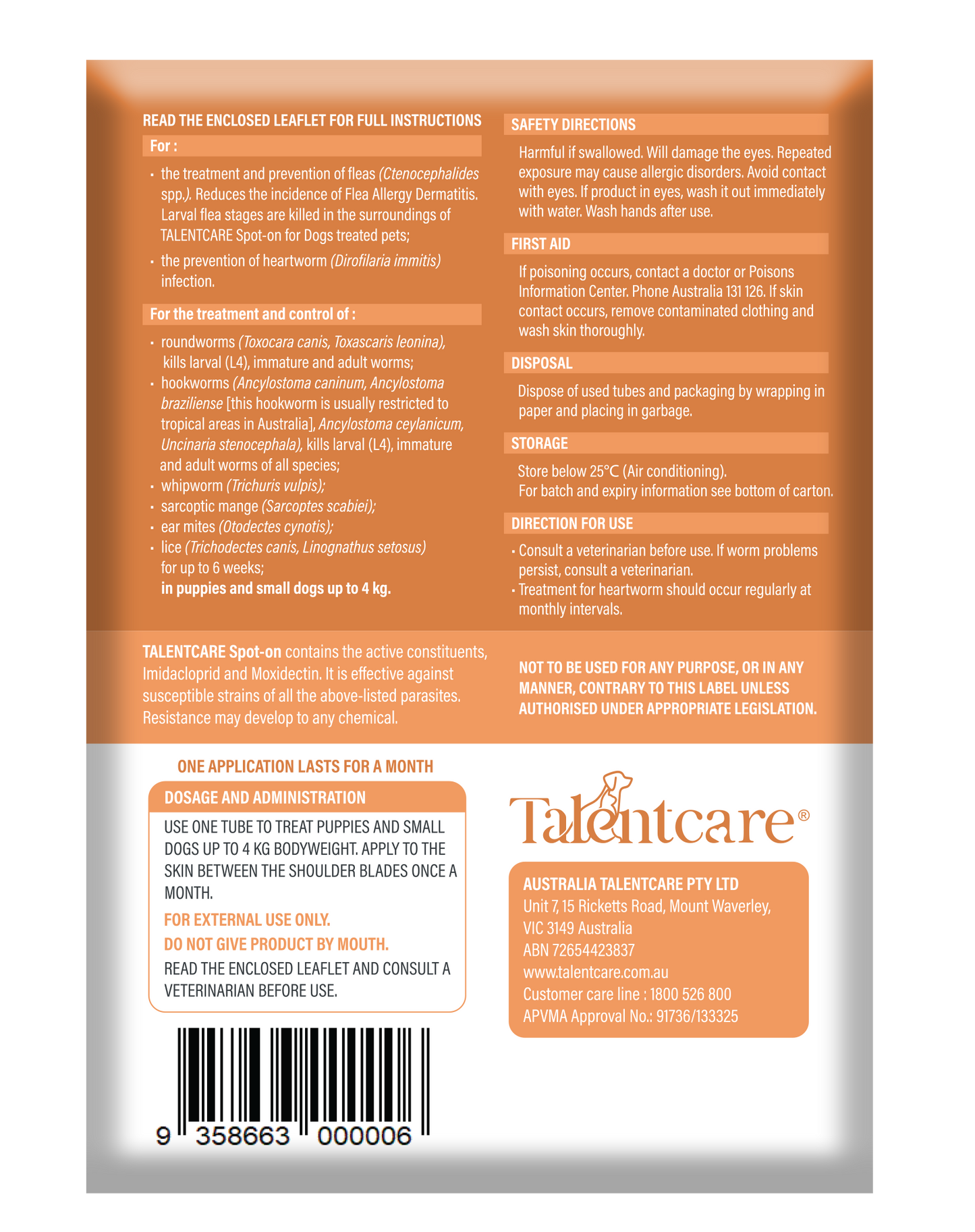 Talentcare - Spot On - Flea & Worm Treatment - Puppy/Small Dog - up to 4kg - 3's