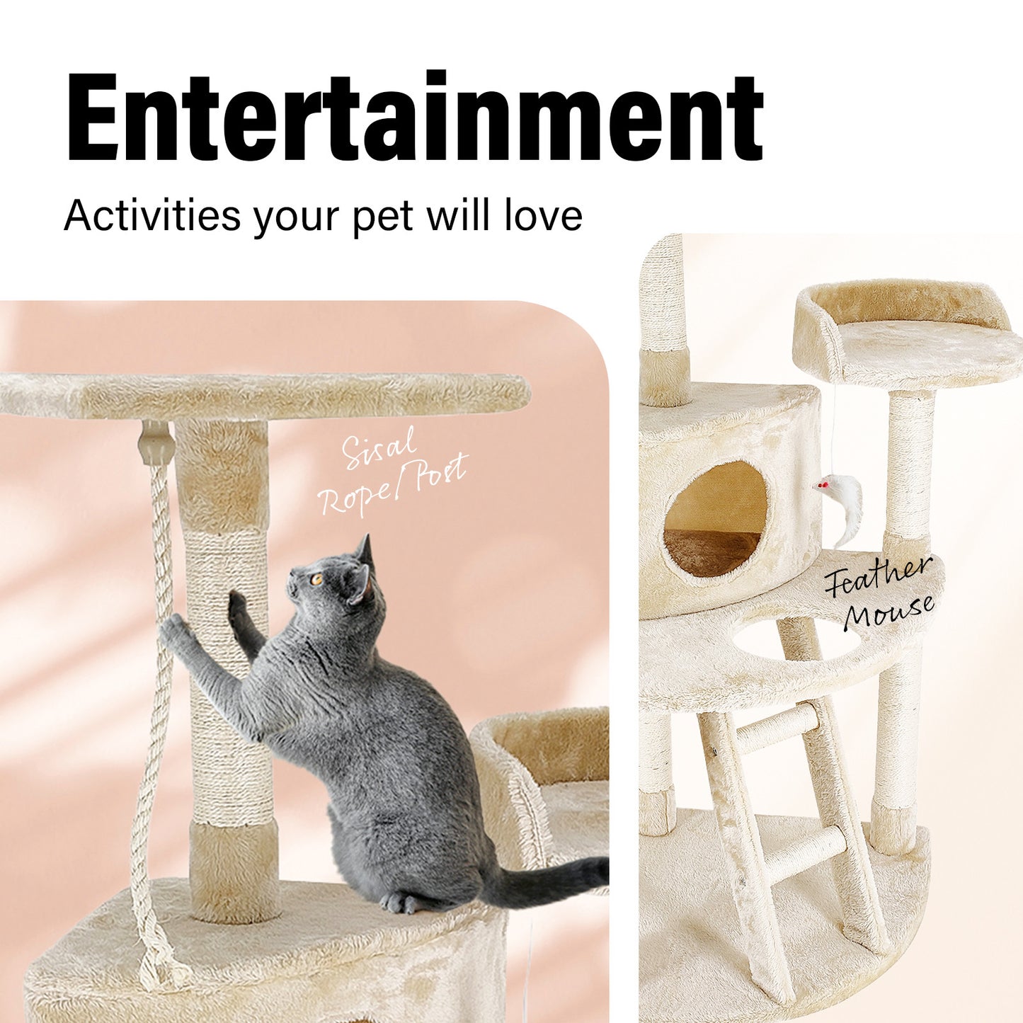 4Paws Cat Tree Scratching Post House Furniture Bed Luxury Plush Play 120cm - Beige