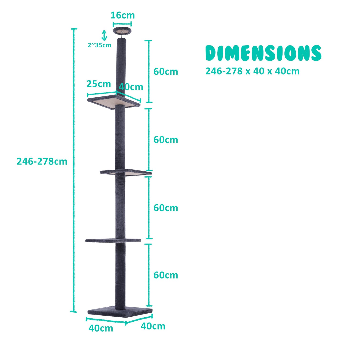 Cat Tree Multi Level Scratcher PILLAR 278cm Adjustable Floor to Ceiling Condo Tower GREY