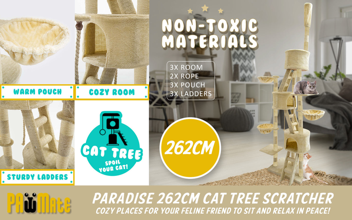 Cat Tree Multi Level Scratcher PARADISE 262cm BEIGE