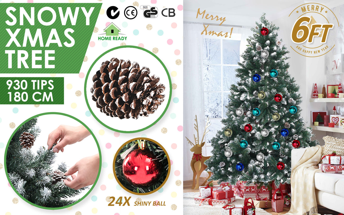 Snowy Christmas Tree Xmas Pine Cones 6Ft 180cm 930 tips + Bauble Balls