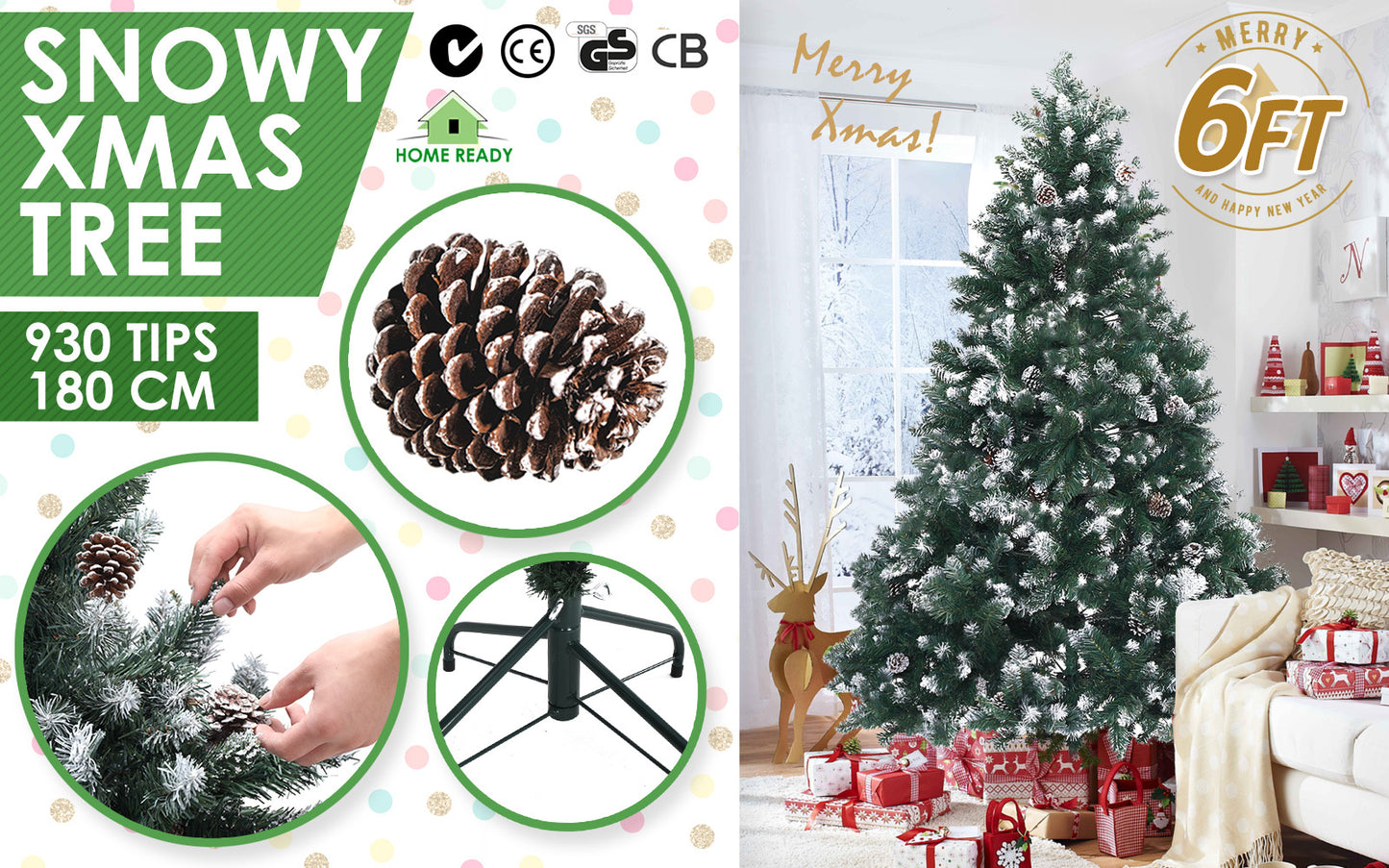 Snowy Christmas Tree Xmas Pine Cones 6Ft 180cm 930 tips GREEN