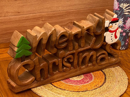 Wooden carved Merry Christmas decoration 38 cm long with Tree and Star