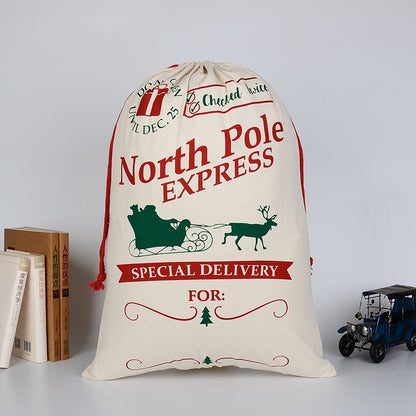 50x70cm Canvas Hessian Christmas Santa Sack Xmas Stocking Reindeer Kids Gift Bag, Cream - North Pole Express