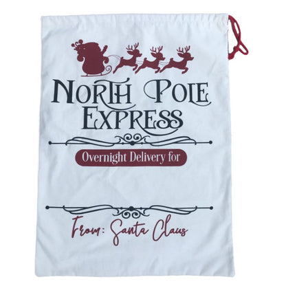 50x70cm Canvas Hessian Christmas Santa Sack Xmas Stocking Reindeer Kids Gift Bag, Cream - North Pole Express (2)