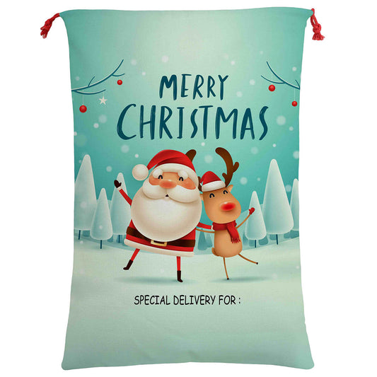 50x70cm Canvas Hessian Christmas Santa Sack Xmas Stocking Reindeer Kids Gift Bag, Cartoon Santa w Reindeer