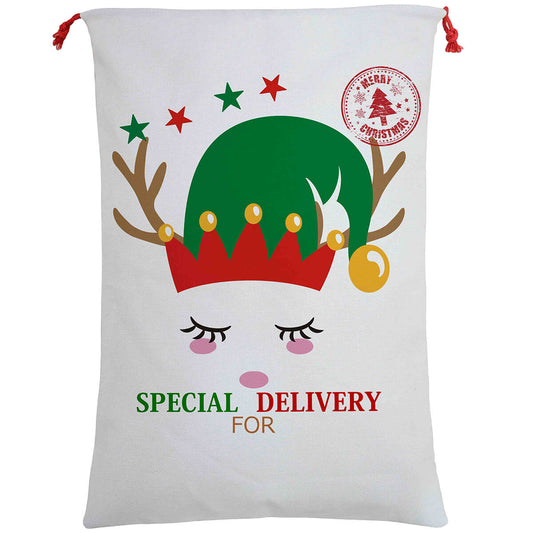 50x70cm Canvas Hessian Christmas Santa Sack Xmas Stocking Reindeer Kids Gift Bag, Cream - Cute Reindeer Delivery