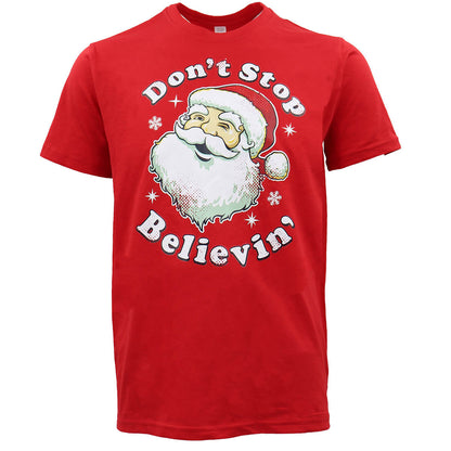 New Funny Adult Xmas Christmas T Shirt Tee Mens Womens 100% Cotton Jolly Ugly, Don't Stop Believin' (Red), L