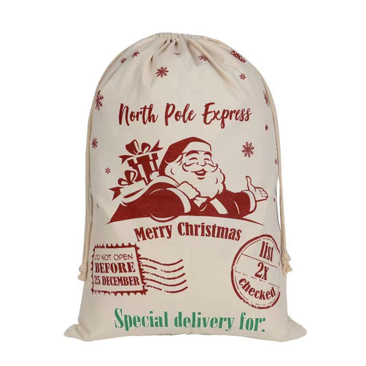 50x70cm Canvas Hessian Christmas Santa Sack Xmas Stocking Reindeer Kids Gift Bag, Cream - North Pole Express (E)