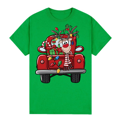 100% Cotton Christmas T-shirt Adult Unisex Tee Tops Funny Santa Party Custume, Car with Reindeer (Green), L