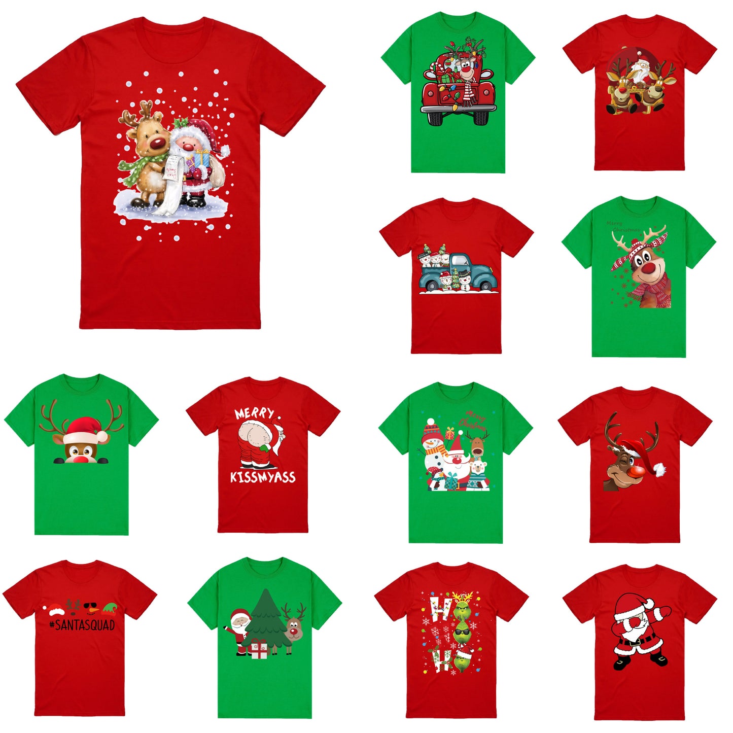 100% Cotton Christmas T-shirt Adult Unisex Tee Tops Funny Santa Party Custume, Car with Reindeer (Green), 2XL