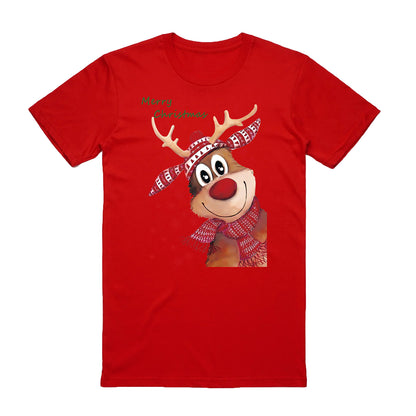 100% Cotton Christmas T-shirt Adult Unisex Tee Tops Funny Santa Party Custume, Reindeer (Red), 2XL