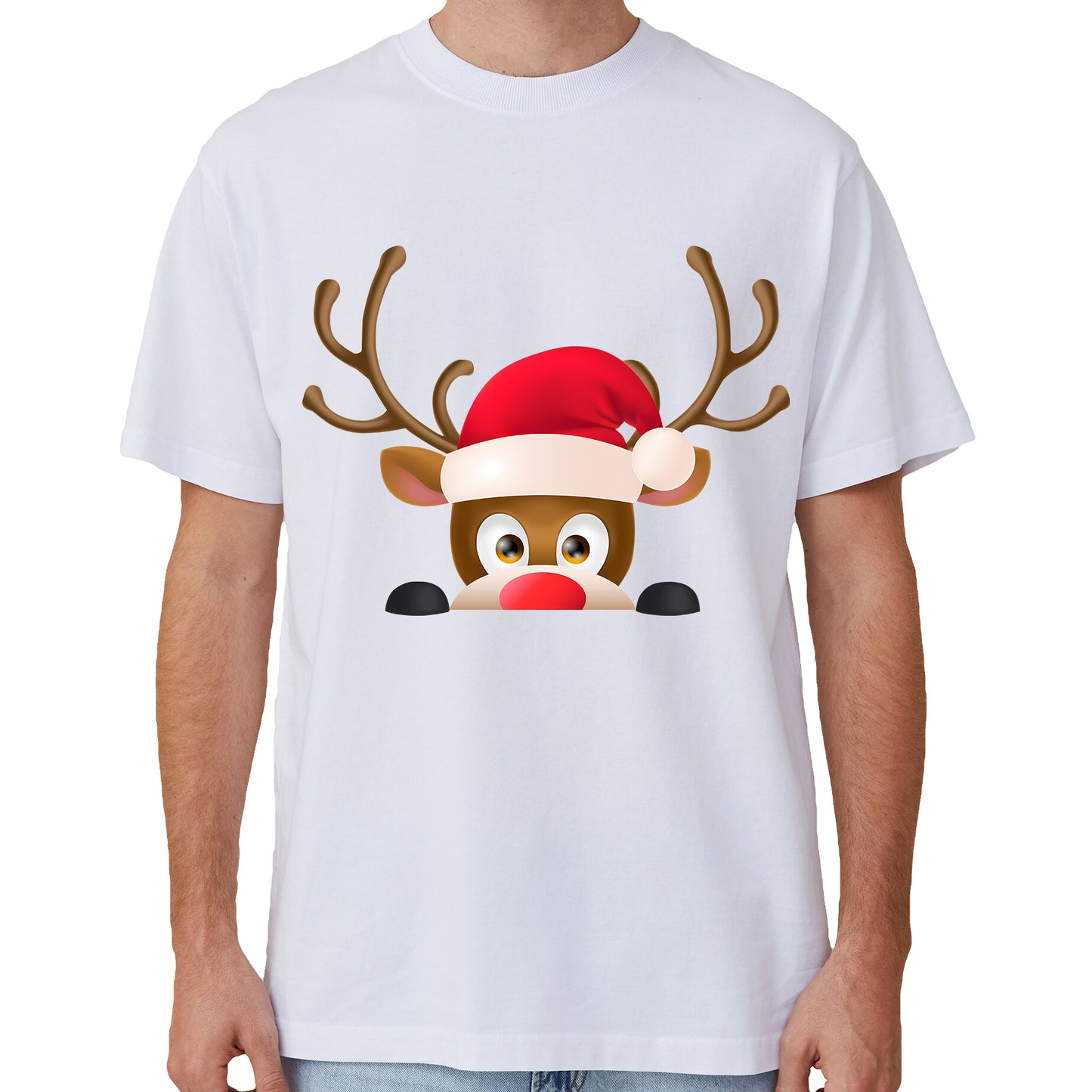 100% Cotton Christmas T-shirt Adult Unisex Tee Tops Funny Santa Party Custume, Reindeer Head (White), M