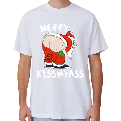 100% Cotton Christmas T-shirt Adult Unisex Tee Tops Funny Santa Party Custume, Merry Kissmyass (White), M