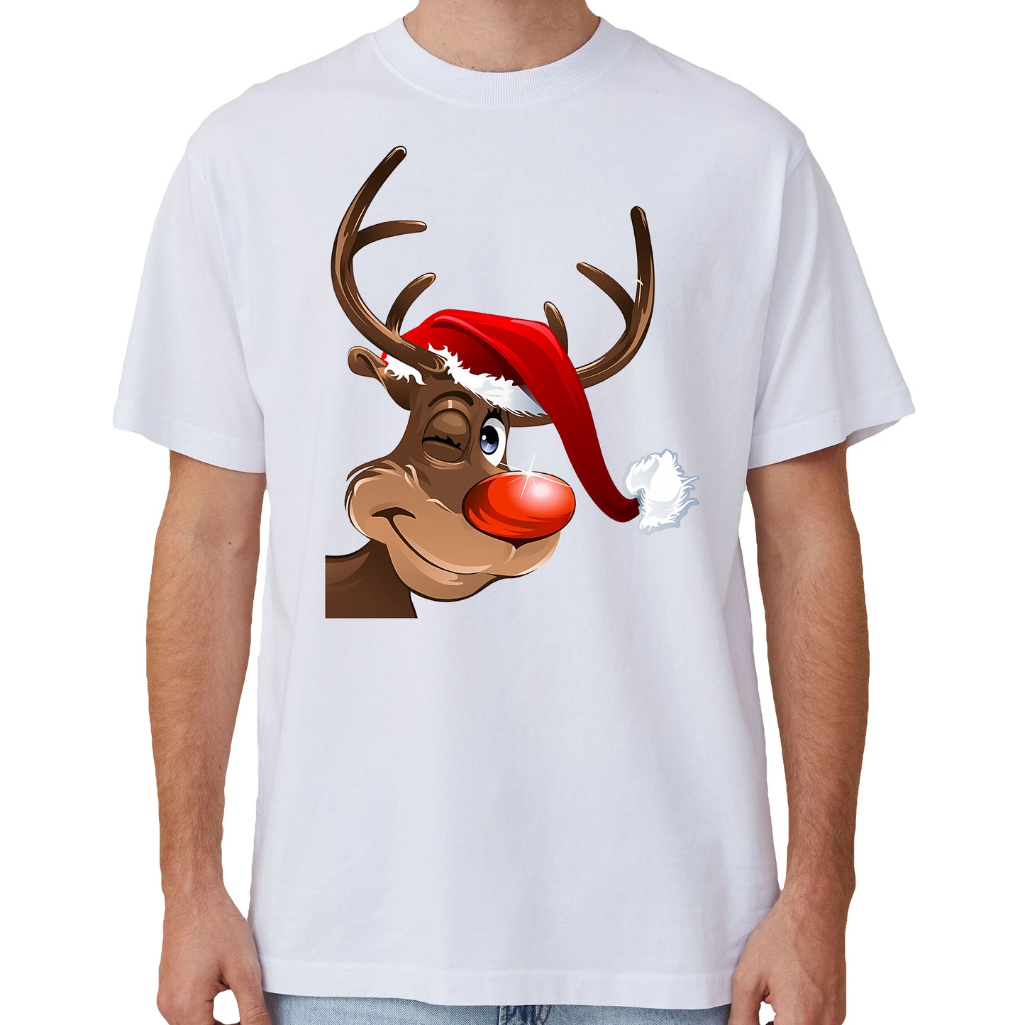 100% Cotton Christmas T-shirt Adult Unisex Tee Tops Funny Santa Party Custume, Reindeer Wink (White), M