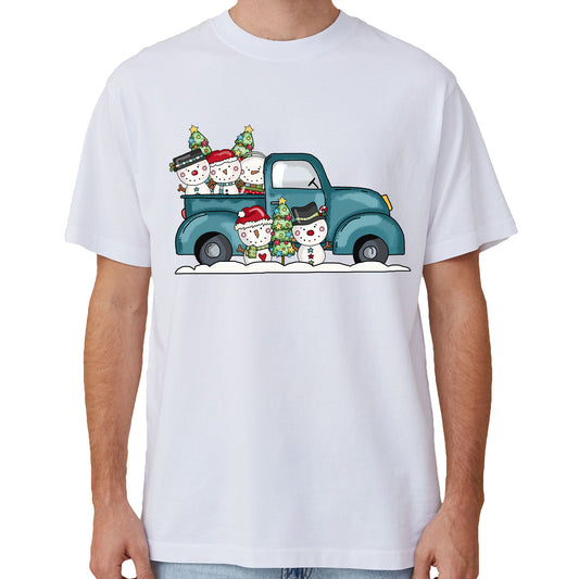 100% Cotton Christmas T-shirt Adult Unisex Tee Tops Funny Santa Party Custume, Car with Snowman (White), M